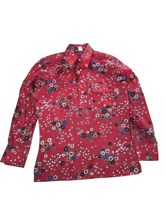 Skyr Tops - Skyr Button-Up Shirt Mens Small Red Floral Nylon Collared Vintage Long Sleeve